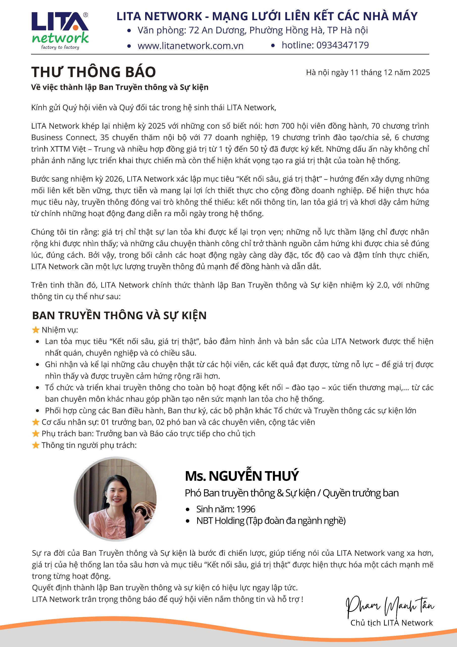 THÔNG BÁO THÀNH LẬP BAN TRUYỀN THÔNG & SỰ KIỆN